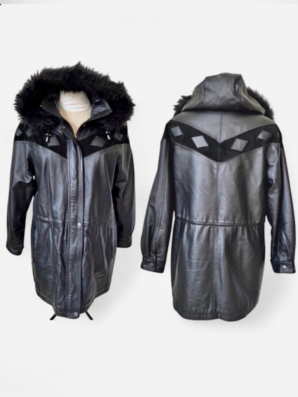 Vintage Jessica Leather:Suede Diamond Faux Fur Hood Coat Jacket